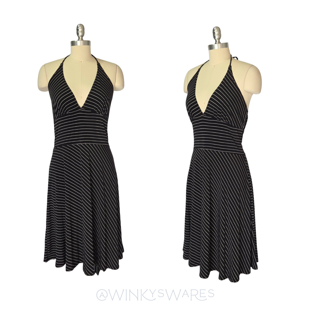 Vintage 90s Y2K Black Stripe Halter Midi Dress Size M L Black White Deep V